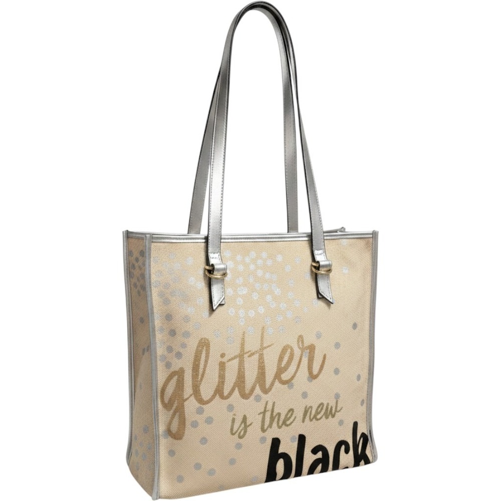 Kate Landry‎ Tote Bag Womens Large Beige Silver Good Graphic Glitter Statement